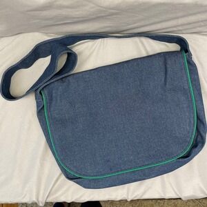 Unbranded Dark Wash Denim Messenger Bag Green Piping Y2K‎ Crossbody Large